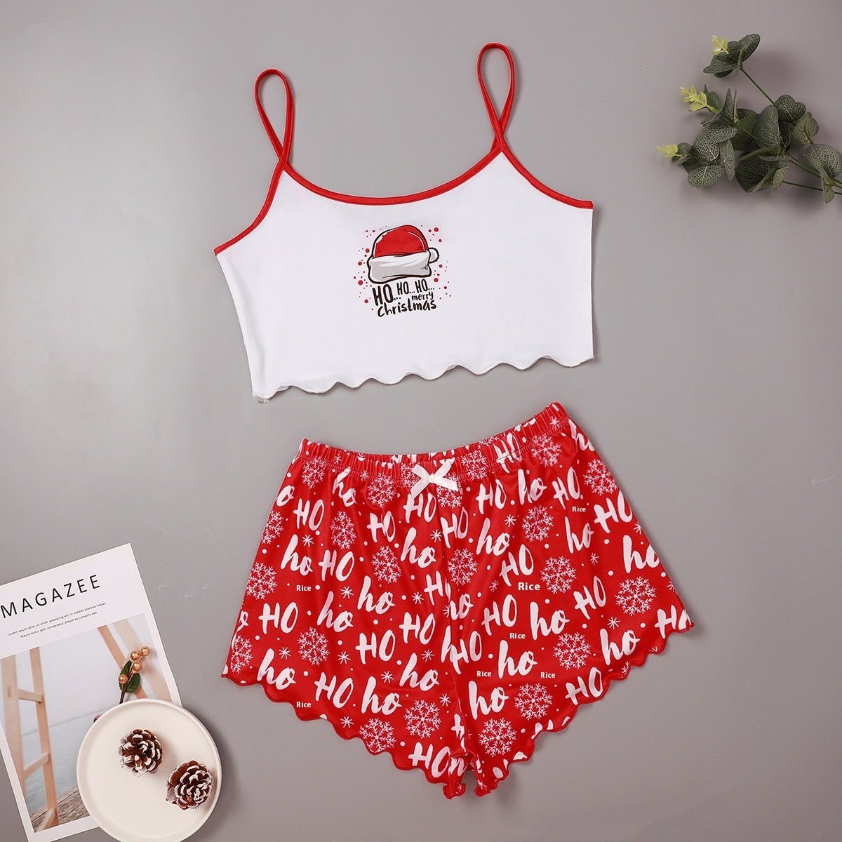 Christmas European And American Thin Pajamas Women's Sleeveless Shorts Milk Silk Simple Casual Two - piece Suit Homewear - silverfoxgoods